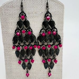 90s Maximalist Chandelier Earrings Dark Bronze Leaves & Pink Beads Whimsigoth